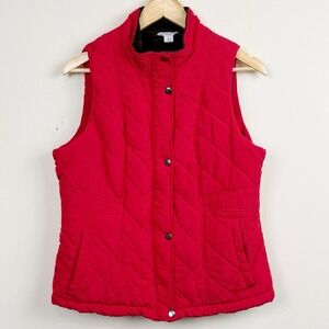 Womens Red Quilted Puffer Vest Size L Fleece Lined Snap Zip